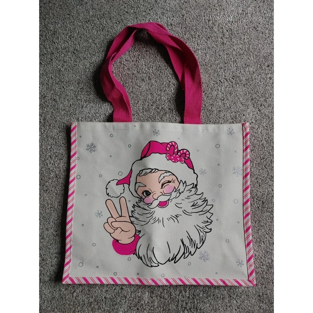 Pink Canvas Tote Gift Bag Winking Retro Santa Christmas Peace Candy Striped